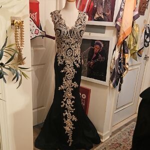 Anny Lee Black Maxi Dress with Gold Embellishment